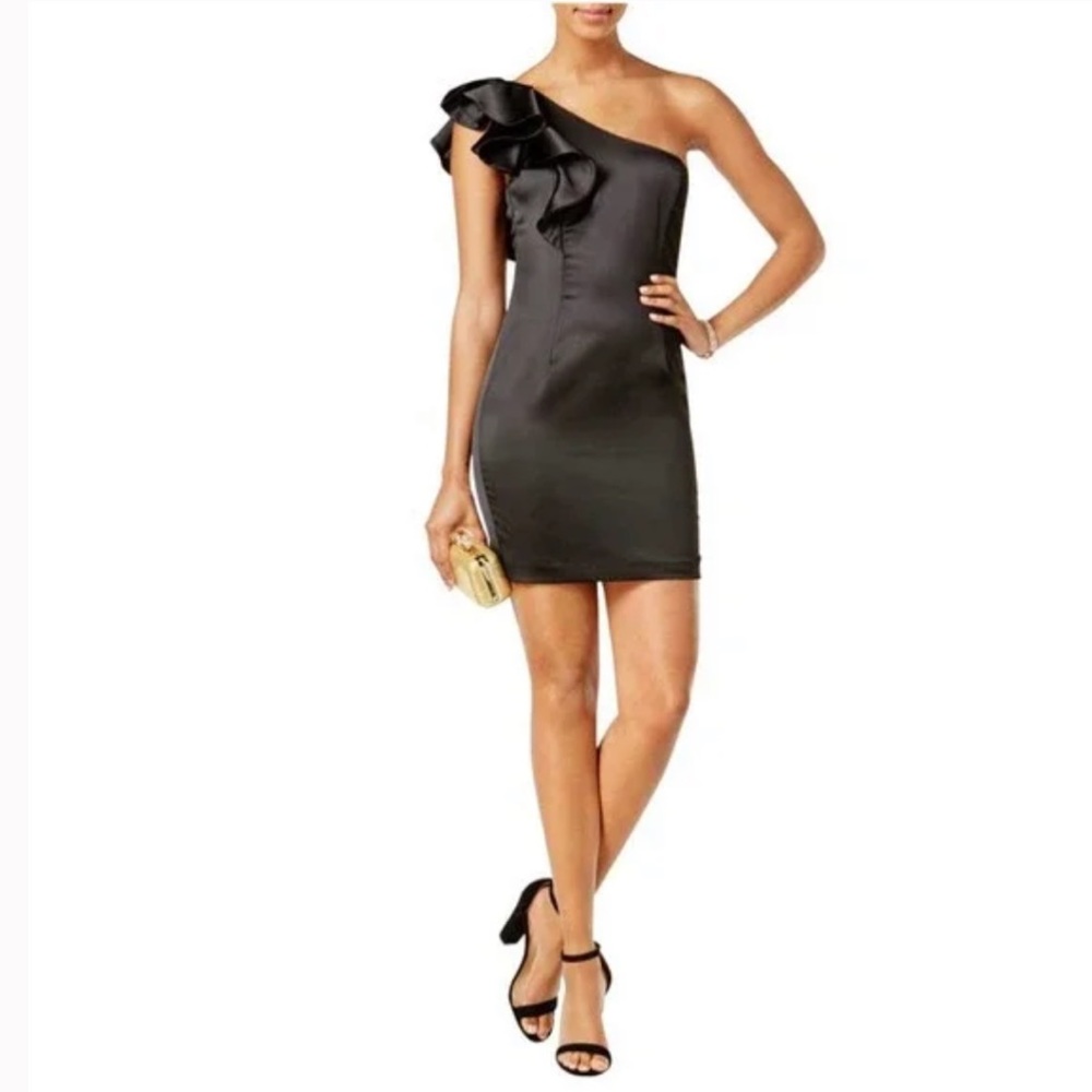 Bardot Black Satin Ruffle One Shoulder Cocktail Dress - 6/S
